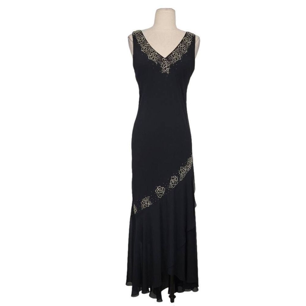 Alex Evenings Black Beaded Slip Dress‎ Sz 8 Asymmetrical Sleeveless Fairy Party